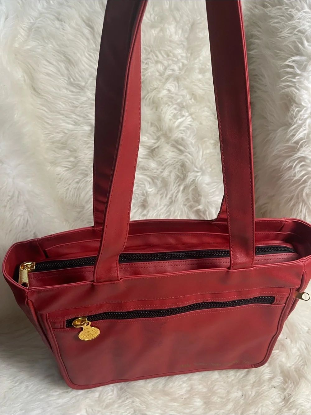 Red shoulder Tote laptop bag with gold script for Delta Sigma theta Sorority.